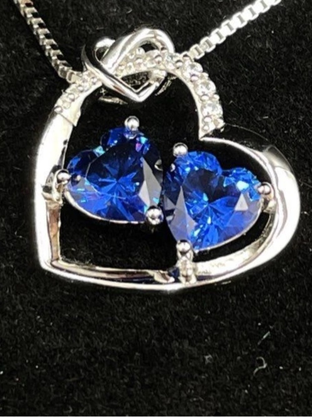 Sterling Silver 925 Box Chain Claw Clasp Necklace Heart W/Blue Topaz, Crystal